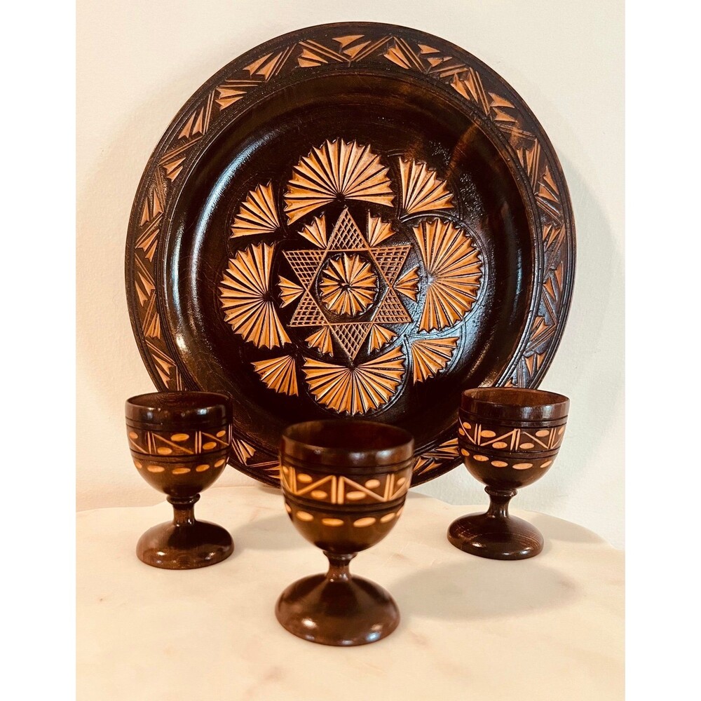 VTG Polish Folk Art Hand Carved Wood Plate with 3 Egg Cups or Cordial Cups